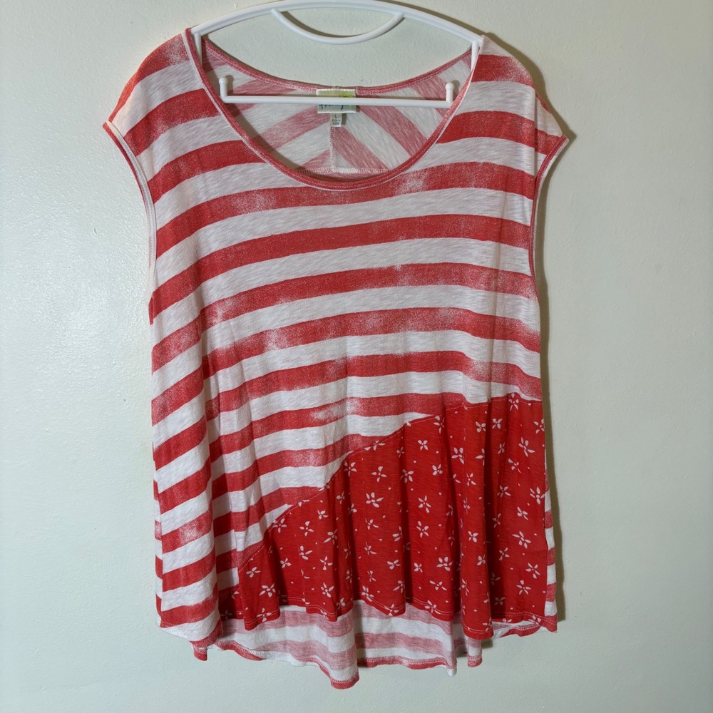 Anthropologie Porridge Red White Striped Floral Patch Tank Top‎ Size Large